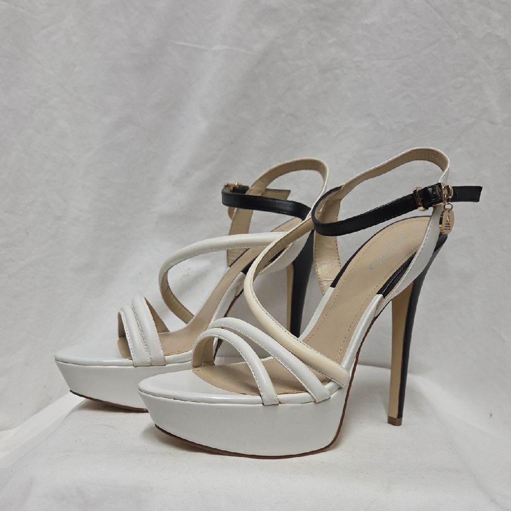Aldo Elegant White and Black Strappy Heels, Size 10